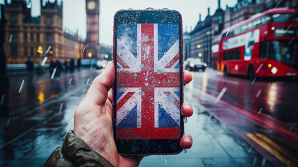 Man holding mobile phone with UK flag and city on a background