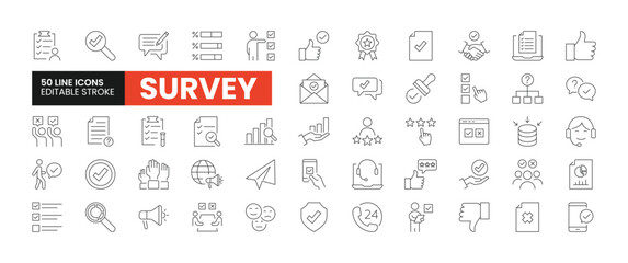Set of 50 Survey line icons set. Survey outline icons with editable stroke collection. Includes Vote, Review, Feedback, Poll, Research, and More. - obrazy, fototapety, plakaty