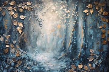 Textured painting of a mystical forest with metallic leaves and ethereal animals hidden among the trees, capturing a magical ambiance. - obrazy, fototapety, plakaty