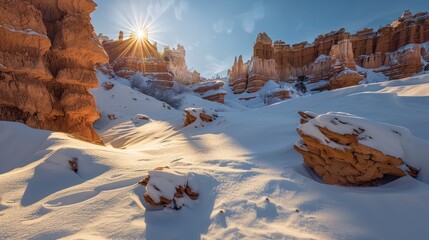The sun shines brightly over the snow-covered peaks of the mountains, casting a warm glow on the icy landscape