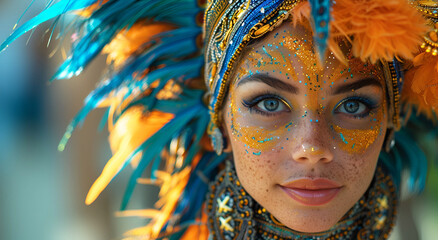 Portrait of a beautiful smiling woman in a carnival costume with feathers
