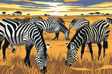 Fototapeta na wymiar Vector illustration of a zebra herd grazing on the African plains.