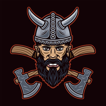 Viking head and two crossed axes vector character illustration in monochrome vintage style on white background