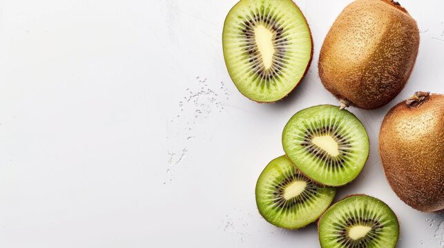 Fresh ripe whole and halves kiwi fruits on white background. AI generated image