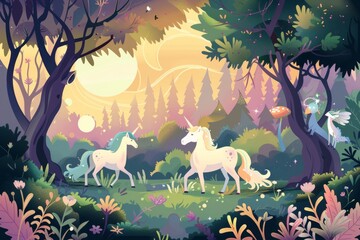 Naklejka premium Whimsical vector illustration of a fairy tale forest with mystical creatures like unicorns, elves, and fairies.