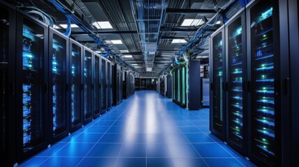 Depict a state of the art data center with rows of server racks, cooling systems, and redundant power supplies
