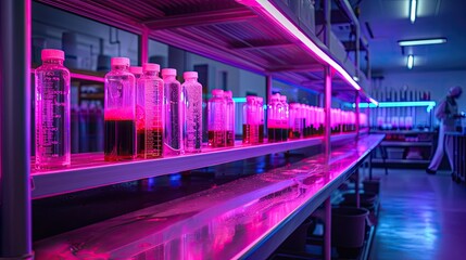 A biotechnological, neon-highlighted setup for in-vitro meat cultivation - obrazy, fototapety, plakaty