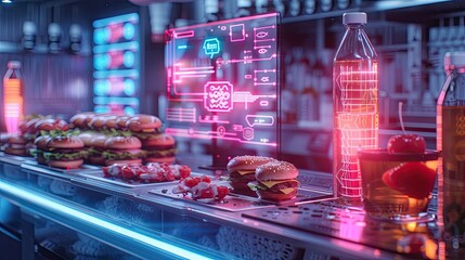 A neon-accented AI food safety inspector detecting contaminants and pathogens