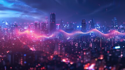 A neon-enhanced AI for urban noise management analyzing and reducing sound pollution - obrazy, fototapety, plakaty