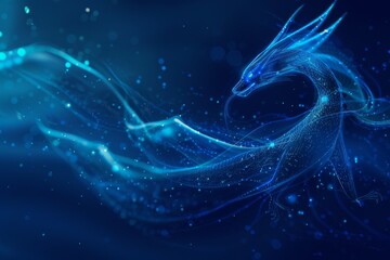 Abstract flying dragon on a dark blue background, symbolizing artificial intelligence, neural networks, and big data.