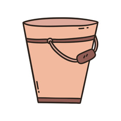 Household bucket with handle. Rustic beige container for housework. Colorful vector isolated illustration hand drawn. Farming. Vintage rustic bucket doodle icon clip art