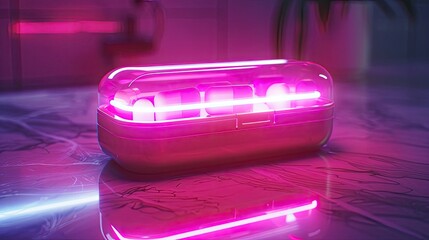 A high-tech, neon-infused smart pillbox reminding of medication schedules