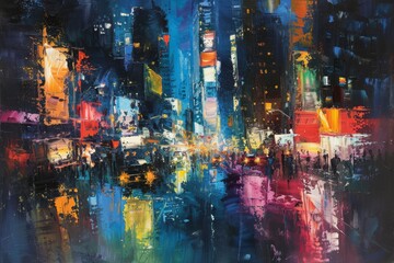 Abstract oil painting of a bustling city skyline at night, with vivid colors and dynamic brushstrokes.