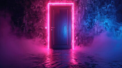 A high-tech neon door with biometric and remote access for enhanced home security