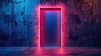 A high-tech neon door with biometric and remote access for enhanced home security