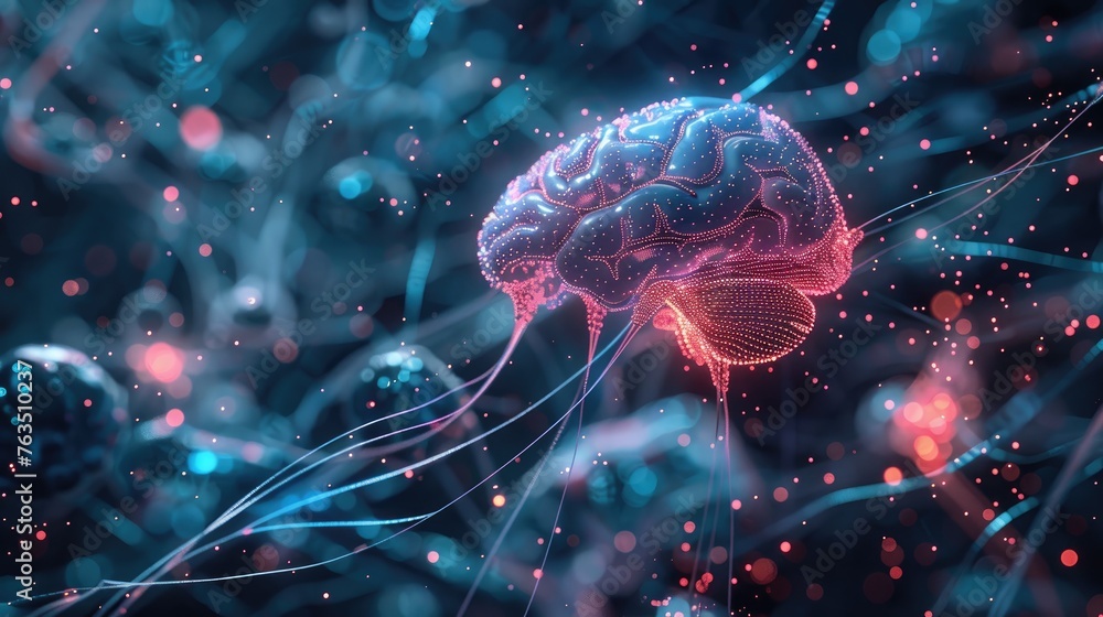 Poster an advanced, neon-lit brain-computer interface enhancing communication for paralysis patients