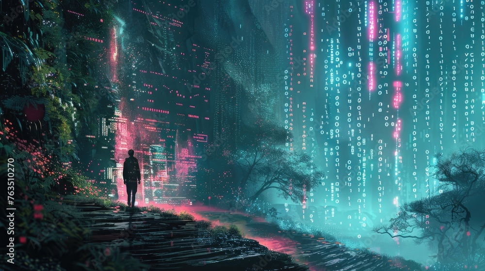 Poster concept art of a user navigating through encrypted digital landscapes