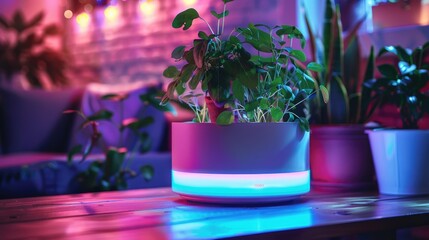 A smart, neon-lit plant hydration system for optimal watering - obrazy, fototapety, plakaty
