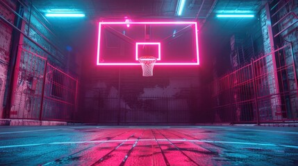 A smart neon basketball hoop tracking shots and providing feedback - obrazy, fototapety, plakaty