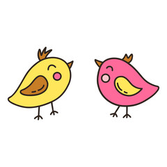 Two happy cute birds yellow and pink colors. Vector isolated illustration in doodle hand drawn style. Spring and summer season. Couple of birds in love