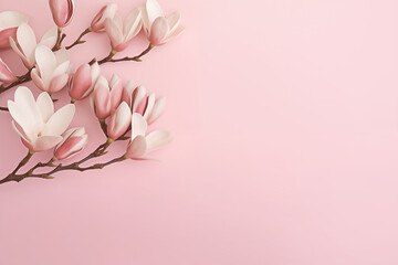 Fototapeta na wymiar Beautiful magnolia flowers isolated on pink background, delicate spring-themed design, copy space