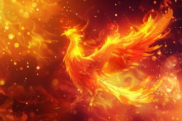 Artistic vector illustration of a mythological phoenix rising from flames, with a dynamic and fiery background. - obrazy, fototapety, plakaty