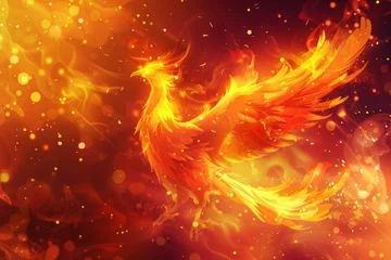 Fotobehang Artistic vector illustration of a mythological phoenix rising from flames, with a dynamic and fiery background. © furyon