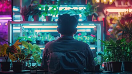 A neon-lit AI urban gardener advising on plant care and sustainable gardening practices