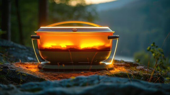 A neon-highlighted, portable solar cooker for eco-friendly outdoor meals