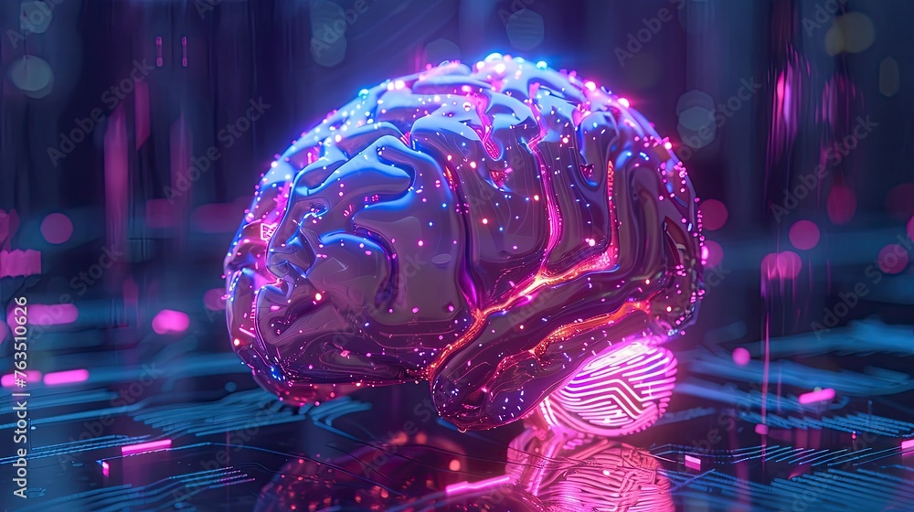Poster an advanced, neon-lit brain-computer interface enhancing communication for paralysis patients