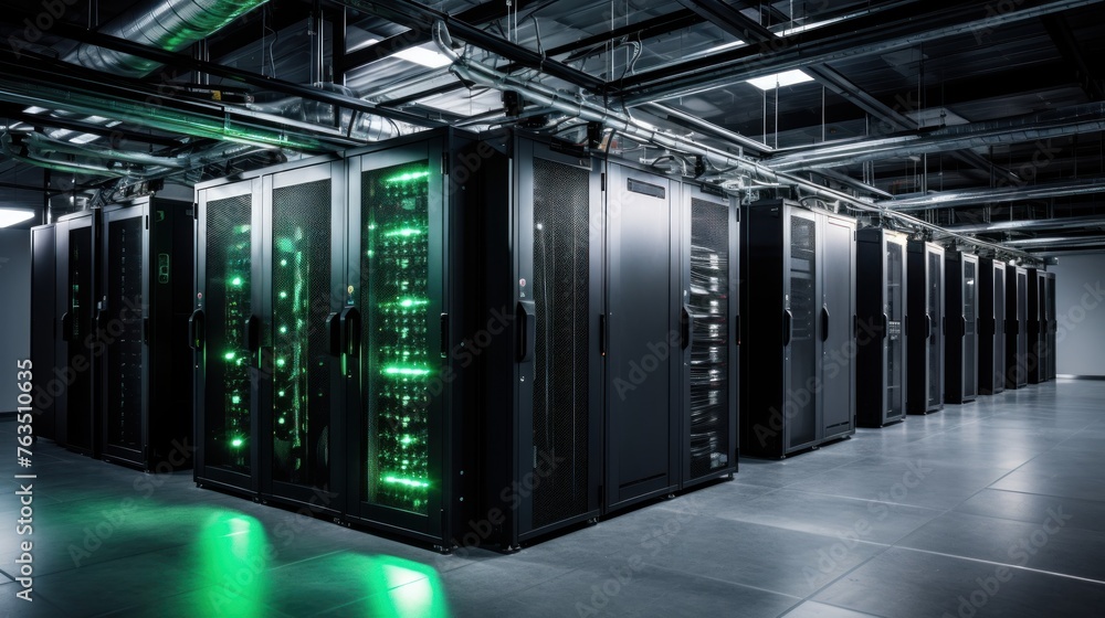 Poster depict a state of the art data center with rows of server racks, cooling systems, and redundant powe