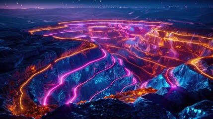 AI in mining optimizing extraction processes and ensuring safety, visualized with neon geological maps