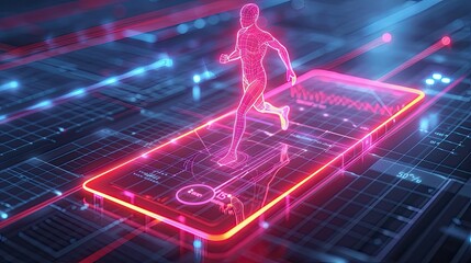An AI personal health coach offering tailored fitness and diet plans through a neon-accented app