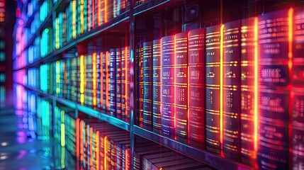 AI in library services cataloging and recommending literature, visualized with neon book spines - obrazy, fototapety, plakaty