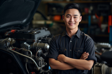 Smiling mechanic asian man. Automotive professions. Job offer. Job Search. Machine repair professions. Asian man. Japan. China. Asian country. Japanese. Chinese. AI.
