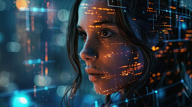 AI in film scripting generating plots and dialogues, highlighted with neon script pages