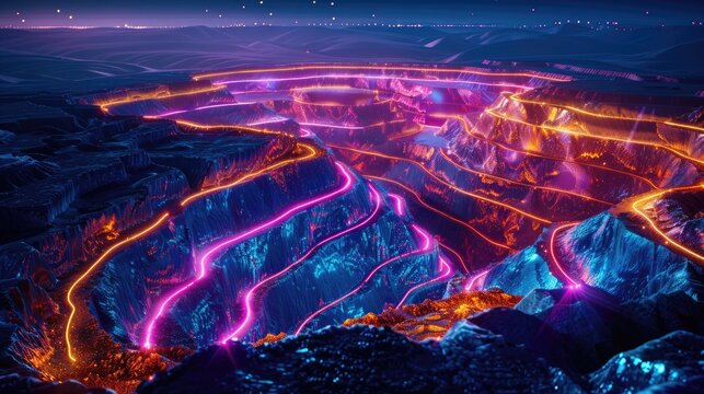 AI in mining optimizing extraction processes and ensuring safety, visualized with neon geological maps