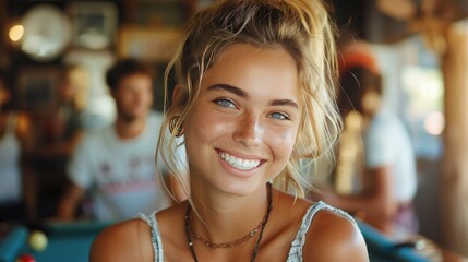 Woman Smiling by Pool Table - obrazy, fototapety, plakaty