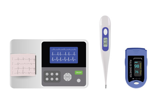 Medical equipment icons. Tonometer, thermometer, pulse oximeter, ECG