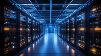 Fototapeta premium Depict a state of the art data center with rows of server racks, cooling systems, and redundant power supplies