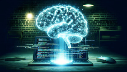 Fototapeta premium Digital brain is forming out of lines of glowing code floating above a laptop, illustrating the idea of creating consciousness through programming.