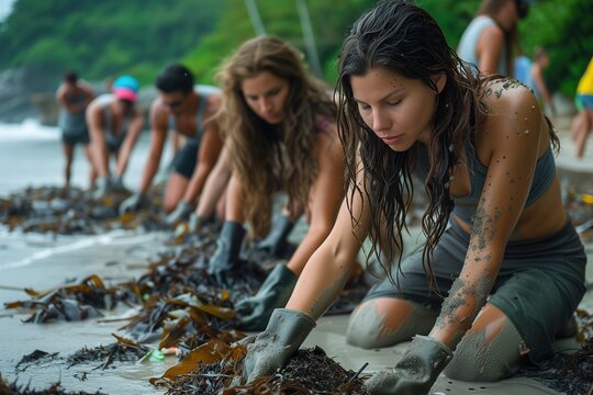 Group of focused individuals cleaning a beach, representing environmental concern and activism