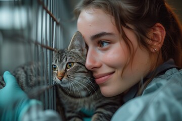 Tender moment between a young woman and a cat at an animal shelter, symbolizing compassion - obrazy, fototapety, plakaty
