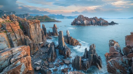 A view from above shows a rocky coastline with a body of water in the foreground - Powered by Adobe