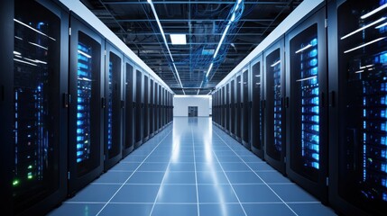 Obraz premium Depict a state of the art data center with rows of server racks, cooling systems, and redundant power supplies