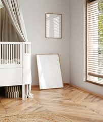 Mock up frame in children room with natural wooden furniture, 3D render - obrazy, fototapety, plakaty