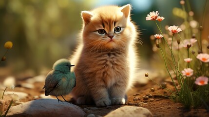 Naklejka na ściany i meble Kitten and Bird Sitting Together