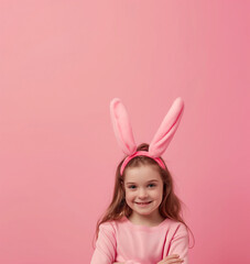Obraz na płótnie Canvas Portrait of nice cute sweet lovely fascinating charming cheerful positive girl wearing pink bunny ears headband copy empty blank space isolated over pink background, for Easter card and party.