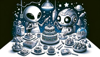 Alien and Robot Baking in a Space-Themed Kitchen