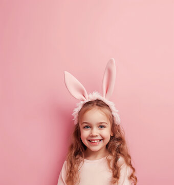  Portrait of nice cute sweet lovely fascinating charming cheerful positive girl wearing pink bunny ears headband copy empty blank space isolated over pink background, for Easter card and party.
